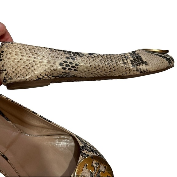 Tory Burch Brown Cream Leather Roccio Python Reva Ballet Flats Goldtone Logo - Picture 8 of 12